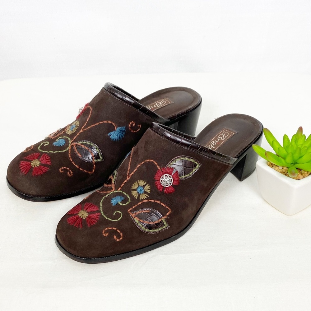 Brighton Fiona Embroidered Brown Suede Mules Clogs